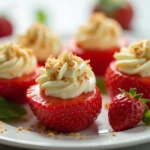 Close-up of cheesecake deviled strawberries filled with creamy cheesecake filling and topped with graham cracker crumbs, served on a white plate.