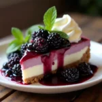 A slice of blackberry cheesecake with graham cracker crust, topped with blackberries, whipped cream, and mint leaves, placed on a wooden table.