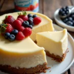 A creamy, golden-baked protein cheesecake topped with fresh strawberries and blueberries on a rustic wooden table. A slice is cut out, revealing its fluffy texture.