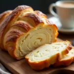 A golden-brown croissant bread loaf with a flaky crust and soft, airy layers, placed on a wooden cutting board with butter and a knife beside it.