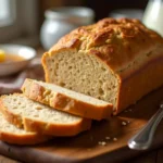 Freshly baked honey wheat bread with a golden crust, partially sliced on a wooden cutting board, with a dish of honey and butter beside it.