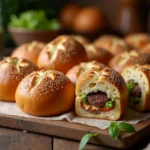 Freshly baked kaiser rolls with a golden crust, topped with sesame and poppy seeds, arranged on a wooden surface. A sliced roll reveals a soft interior with a burger inside.