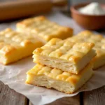 Golden, flaky gluten-free puff pastry on a wooden surface with a rolling pin and flour in the background.