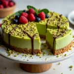 Pistachio cheesecake with a creamy filling, graham cracker crust, topped with crushed pistachios, chocolate ganache, and fresh berries