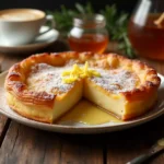 A golden, flaky Galaktoboureko dessert with syrup-soaked phyllo layers and creamy semolina custard, served with Greek coffee and honey.