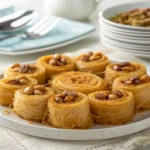 A plate of golden brown Kataifi rolls, a Greek dessert made from shredded phyllo dough, filled with nuts, and drizzled with honey syrup.