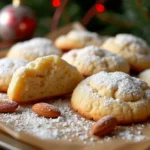A close-up of Greek Kourabiedes cookies dusted with powdered sugar, with one cookie broken open to reveal its soft, almond-filled interior.
