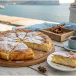 Authentic Greek Bougatsa pastry with crispy golden phyllo and creamy custard filling, dusted with powdered sugar, served on a rustic table