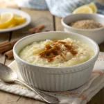 A bowl of creamy Greek Rizogalo rice pudding, garnished with cinnamon and lemon zest, served on a rustic wooden table