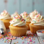 Freshly baked sprinkles cupcakes topped with vanilla buttercream and colorful sprinkles, placed on a wooden table with a piping bag and extra sprinkles.